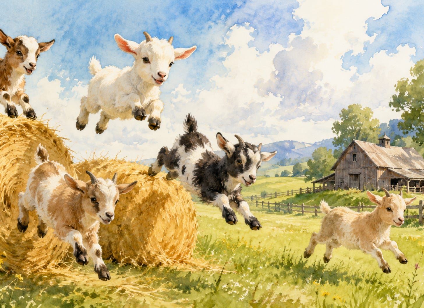 baby goats bouncing through a hayfield baby goats bouncing through a hayfield
