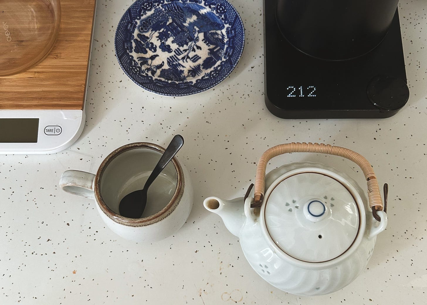 Picture shows Lisa's teapot on the counter with the tea kettle