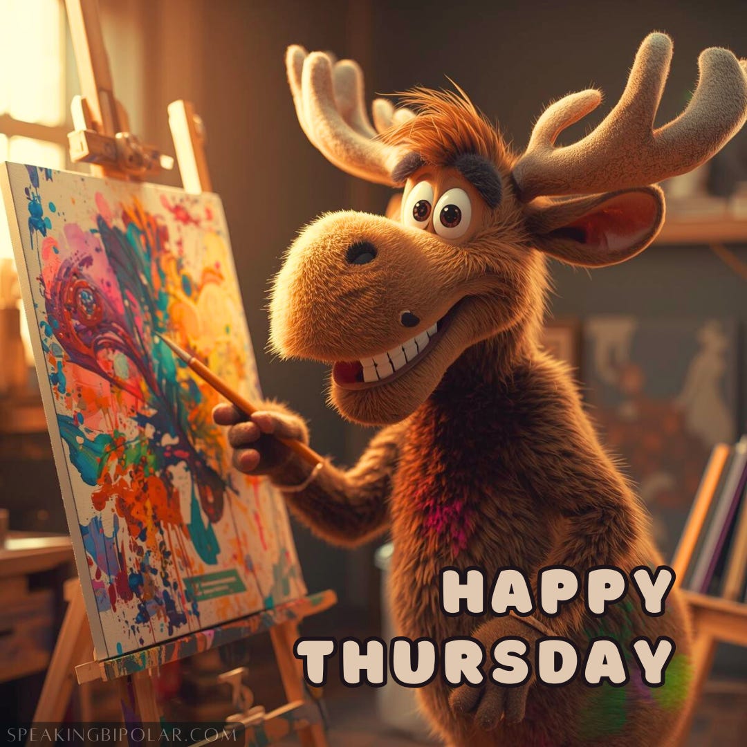 A happy cartoon moose painting a messy watercolor painting