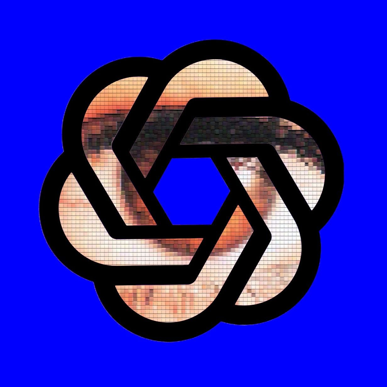 A photo illustration of a pixelated eye inside the ChatGPT logo against a blue background.