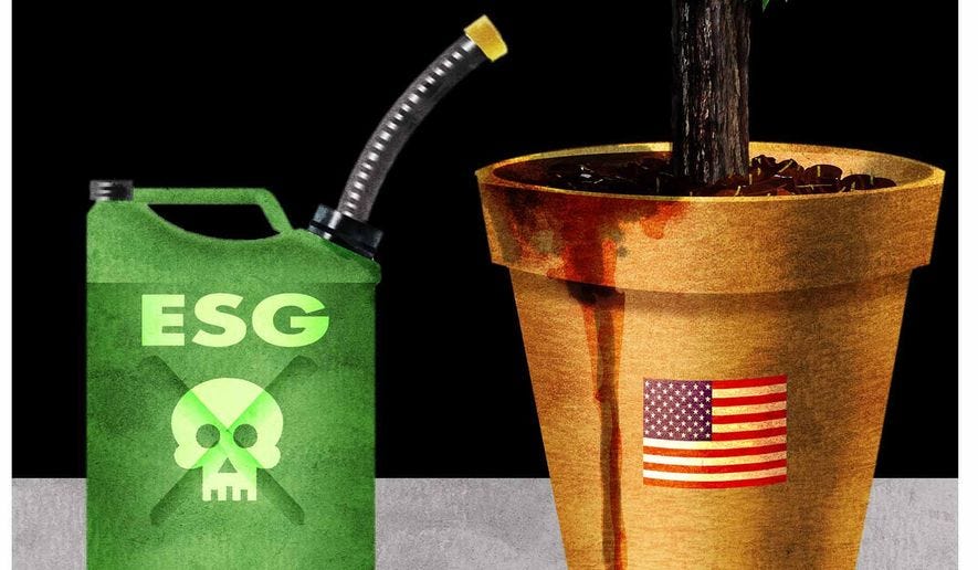 Illustration on the hazards of environmental, social and governance (ESG) policy by Alexander Hunter/The Washington Times Illustration on the hazards of environmental, social and governance (ESG) policy by Alexander Hunter/The Washington Times