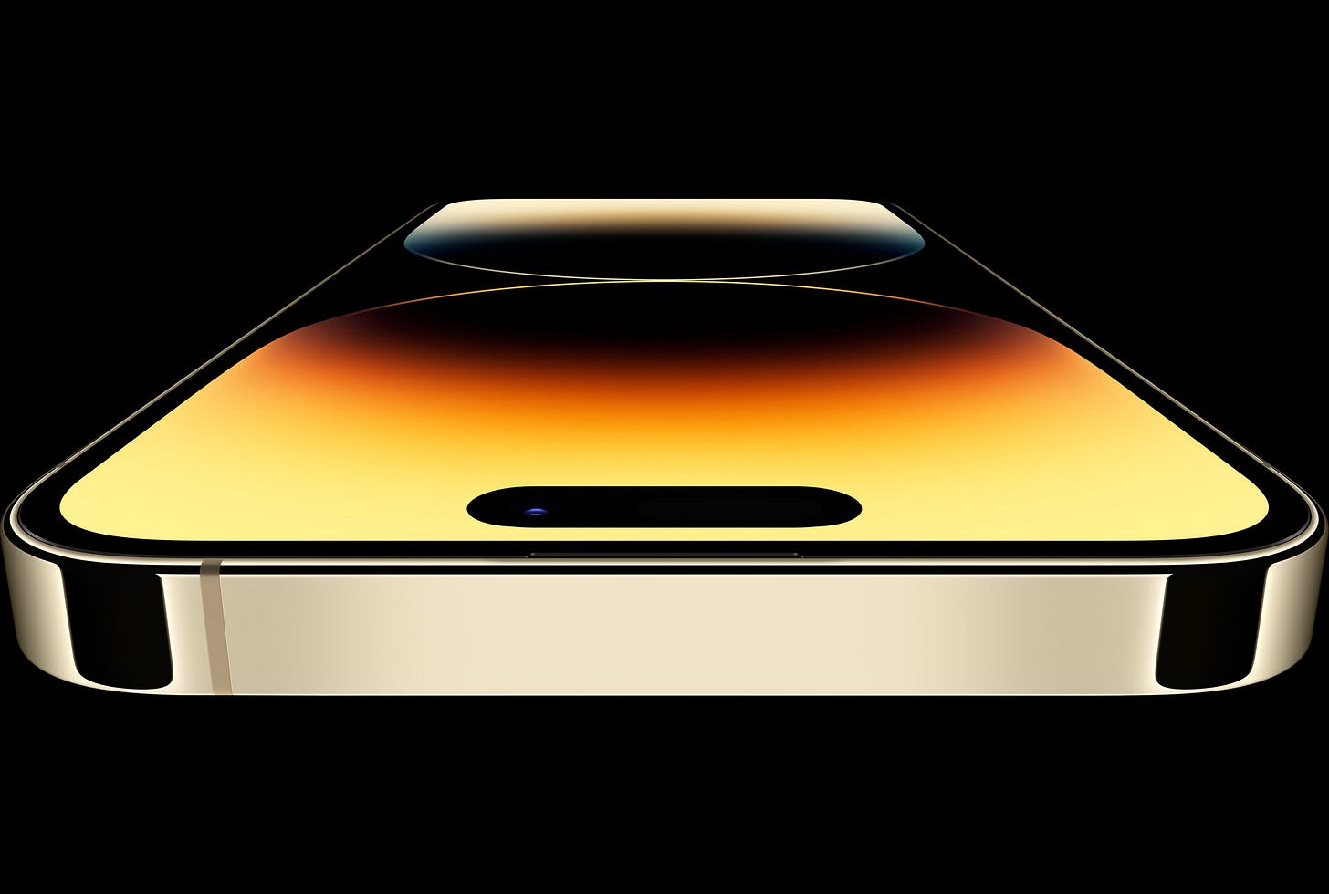 top-down perspective view of iPhone 14 Pro laying on its back. top-down perspective view of iPhone 14 Pro laying on its back.