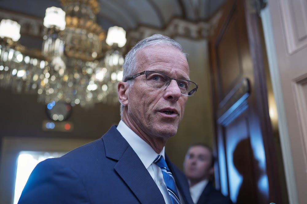 Senate Majority Leader John Thune, R-S.D., speaks to reporters outside his office at the Capitol in Washington, Tuesday, July 8, 2025. (AP Photo/J. Scott Applewhite)