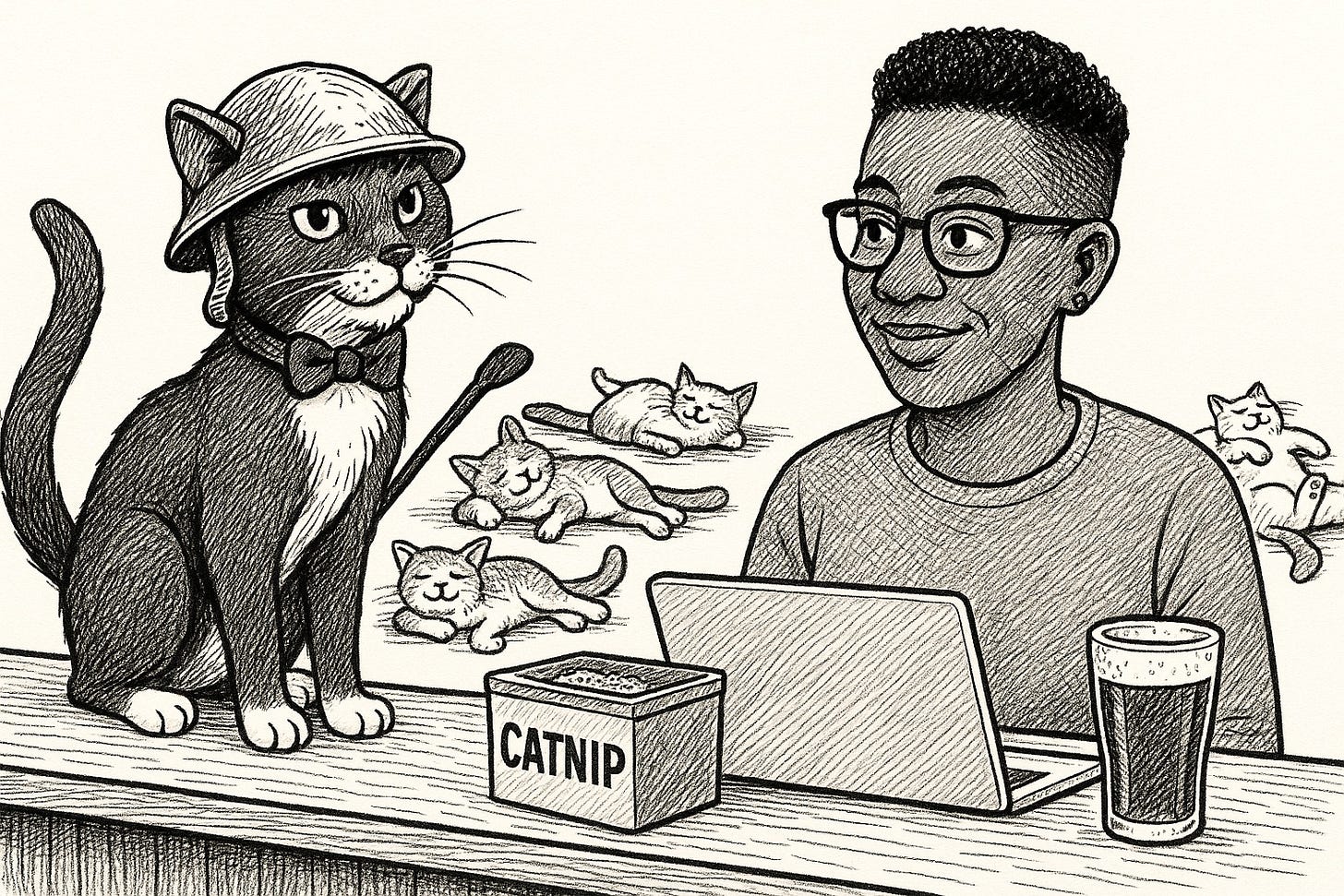 A black-and-white pen-and-ink illustration on a stark white background. Campbell the Cat, a grey tuxedo with a white goatee, whiskers, chest, and paws, sits on the bar wearing a slightly askew army helmet and a bow tie. His expression is alert but confused. Doc sits beside him with a gentle smile, looking at her laptop. A box of catnip sits between Doc and the laptop. In the background, several cats lie sprawled on the floor in blissed-out, goofy catnip stupors. A pint of beer sits on Doc’s right. The drawing uses clean cross-hatched linework with no shadows or gradients.
