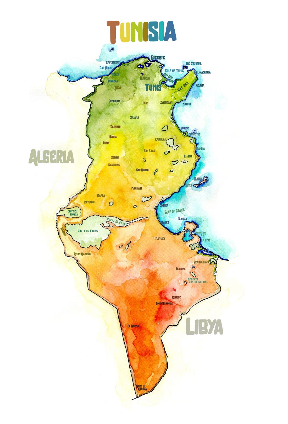 Watercolor map of Tunisia showing cities, mountains, and coastlines, with gradients from green in the north to orange desert in the south. The map highlights the country's coastal geography between Algeria and Libya, framing locations central to the essay—Sidi Bou Said near Tunis on the northern coast, and Matmata in the southern desert, known for its traditional Berber troglodyte dwellings. Watercolor map of Tunisia showing cities, mountains, and coastlines, with gradients from green in the north to orange desert in the south. The map highlights the country's coastal geography between Algeria and Libya, framing locations central to the essay—Sidi Bou Said near Tunis on the northern coast, and Matmata in the southern desert, known for its traditional Berber troglodyte dwellings.