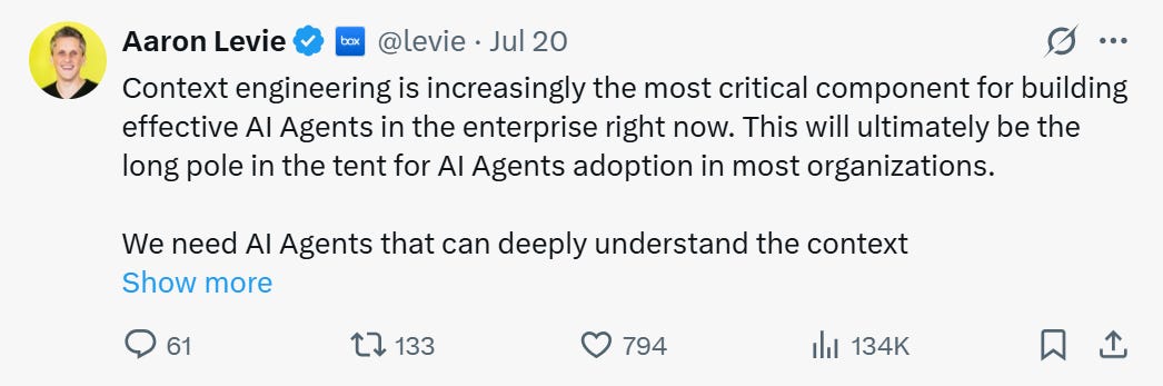 Understanding context engineering is becoming the most critical component for anyone working with AI systems. As Aaron Levie (CEO Box) puts it.
