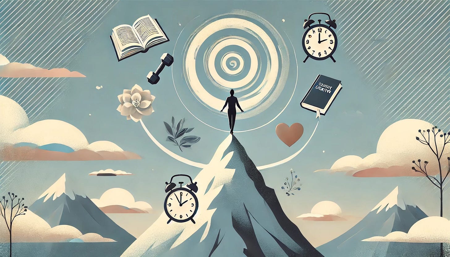 A minimalist digital illustration of a person standing on a mountain peak, symbolizing past hiking experiences and personal challenges. Floating around them are a book for creativity, a dumbbell for fitness, a clock for time management, and a heart for relationships. An abstract swirling shape represents the complexities of juggling multiple priorities. The background features a simple, calming sky with soft abstract patterns in a muted color palette of blues, grays, and warm earth tones.