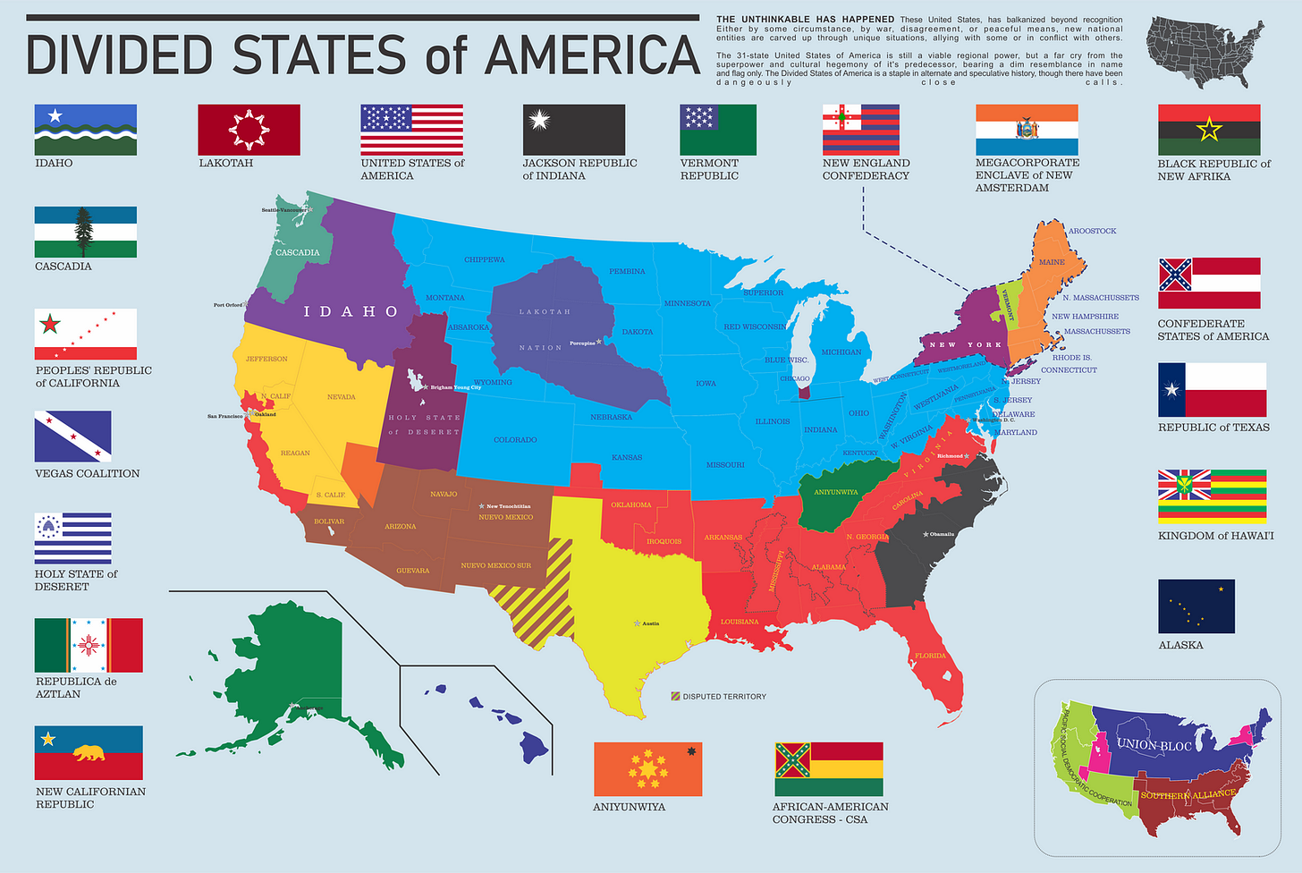 A color-coded map of the U.S. shows the country divided into multiple independent nations, each with its own flag and name, replacing current state and national borders.