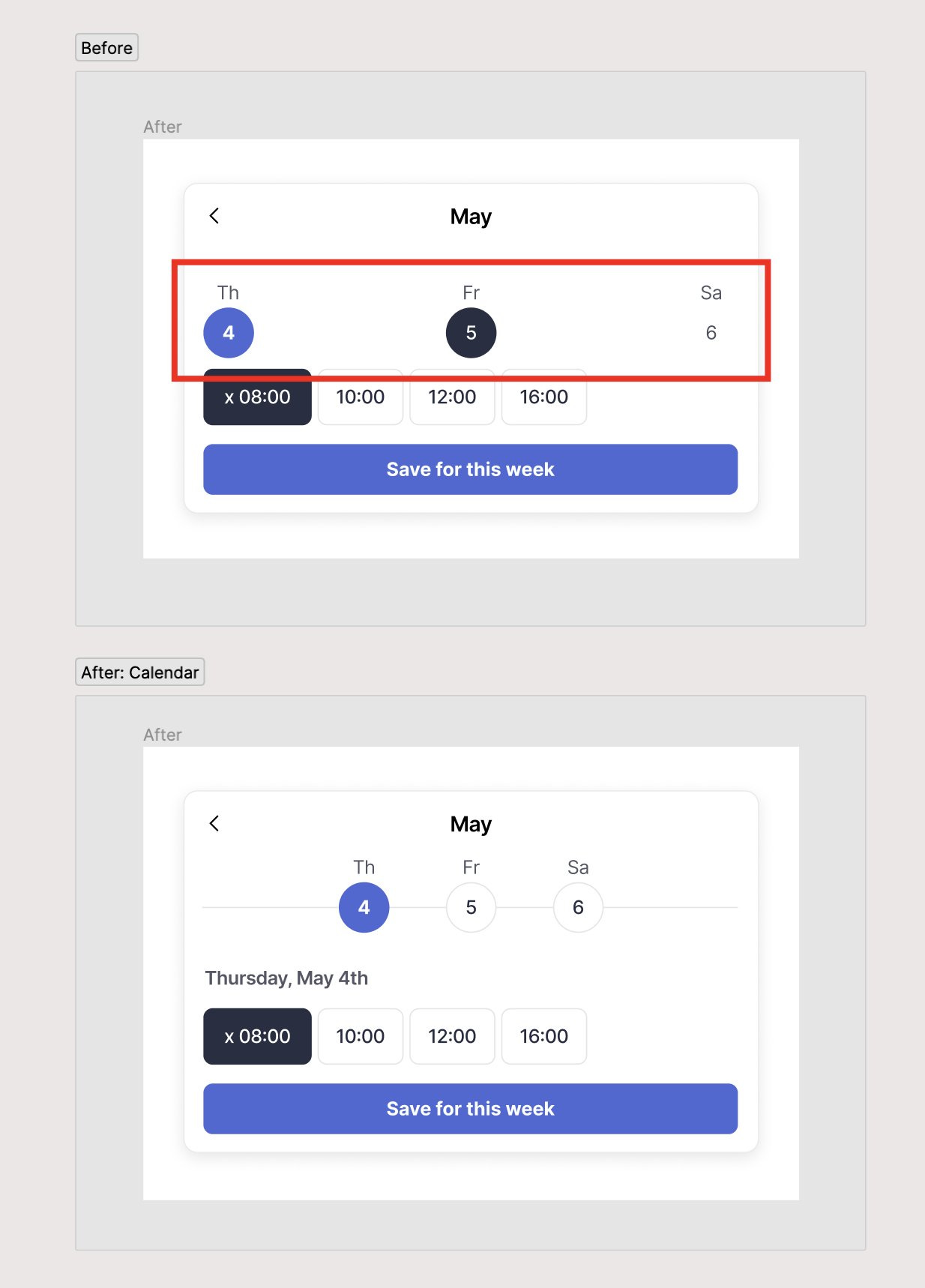 Lunchclub calendar. Above is the existing version, below is an improved version.