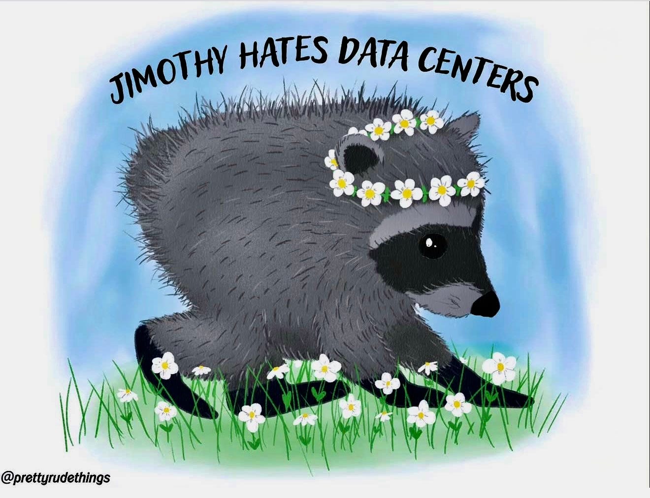 Illustration by Pretty Rude Things on Instagram: Jimothy the raccoon wearing a flower crown with the caption JIMOTHY HATES DATA CENTERS Illustration by Pretty Rude Things on Instagram: Jimothy the raccoon wearing a flower crown with the caption JIMOTHY HATES DATA CENTERS