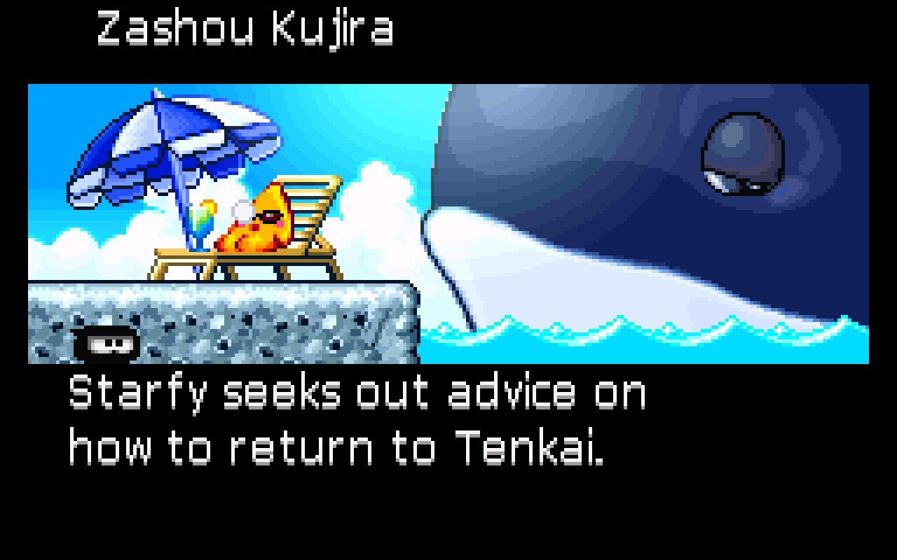 A screenshot from a between-level image in Densetsu no Stafy, featuring Starfy lounging on a beach chair with an umbrella and a drink, snoozing with sunglasses on, while an unamused whale looks on in the background. The text reads, "Starfy seeks out advice on how to return to Tenkai." A screenshot from a between-level image in Densetsu no Stafy, featuring Starfy lounging on a beach chair with an umbrella and a drink, snoozing with sunglasses on, while an unamused whale looks on in the background. The text reads, "Starfy seeks out advice on how to return to Tenkai."