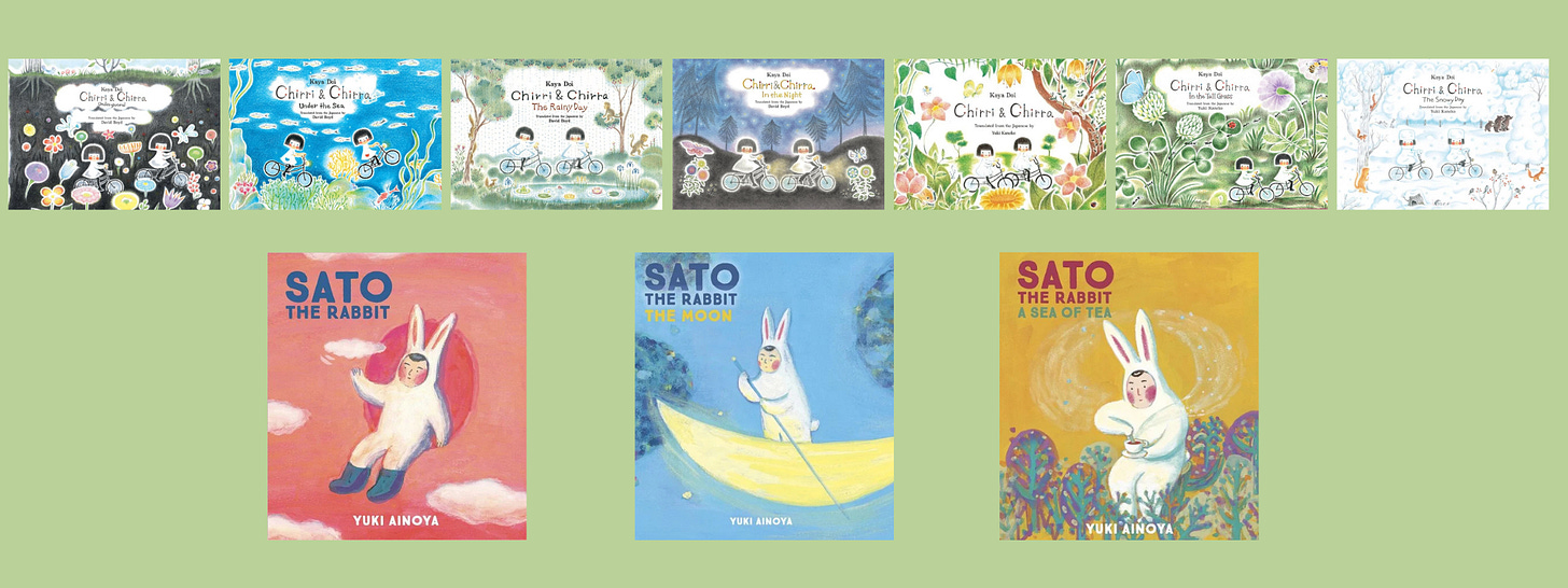 Covers of 7 Chirri & Chirra books and 3 Sato the Rabbit books on a green background.