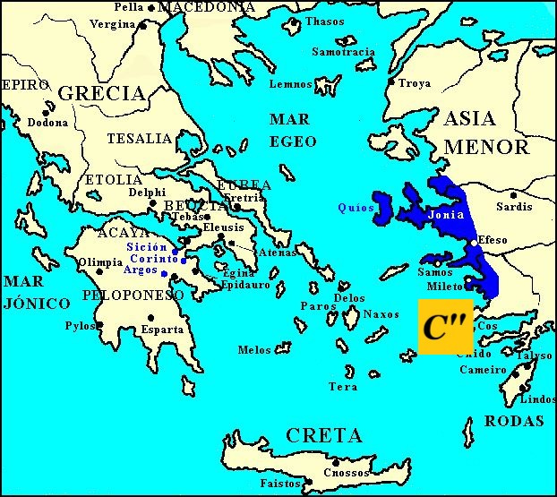 En este mapa podéis ver las costas del Asia Menor. En ellas está la región  de Jonia. Uno de sus puertos fue Mileto, cuna de Tales y -según la  tradición- cuna también