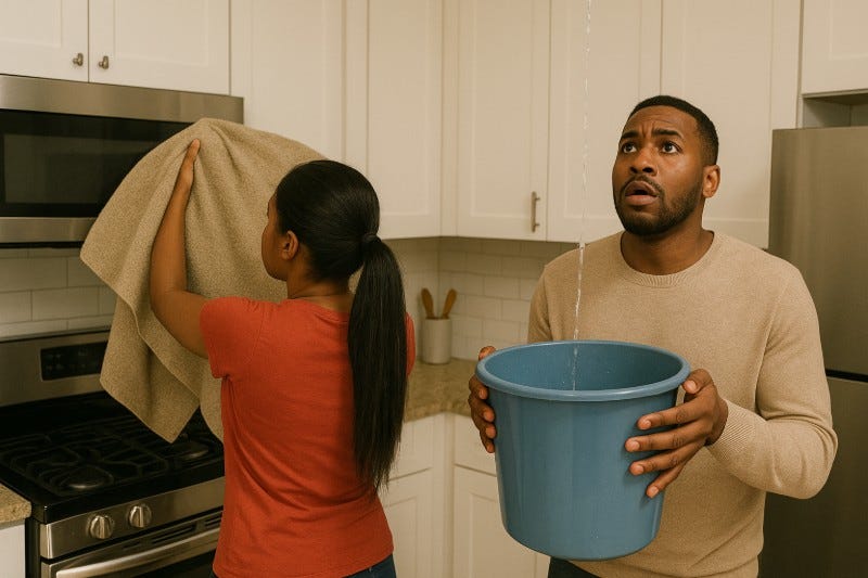 Man holds bucket to catch leaking water while woman turns to cover over-the-range microwave
