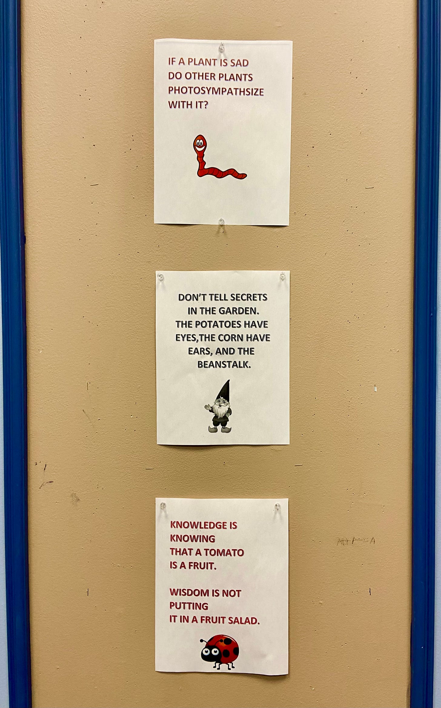 3 pieces of paper vertically placed on wall, with jokes