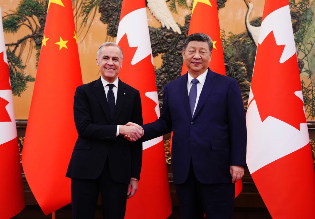 anti-americanism_cusma_buy-canadian_self-determination_canada-us-relations_image-8 About-face: After branding China Canada’s foremost geopolitical threat in 2025, Prime Minister Mark Carney deepened trade and political ties with China while straining Canada-US relations, snubbing the U.S. Shown, Carney in January 2026 shaking hands with Chinese Communist Party General Secretary Xi Jinping.