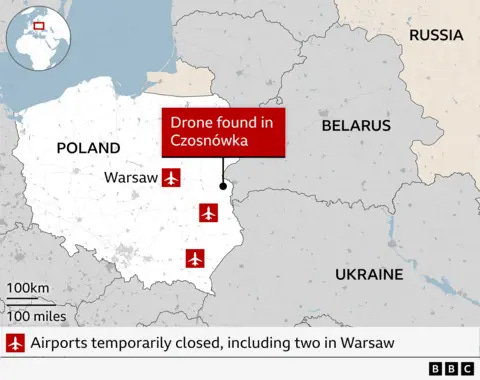 Map shows area in which a drone attack happened overnight. With Poland, Russia, Belarus and Ukraine labelled. The label for where the drone was found, Czosnówka, is a village in eastern Poland, about 40km (25 miles) from the border with Belarus. There are also labels to show where four airports were temporarily shut in Poland, including two in Warsaw, due to the drone strike. Map shows area in which a drone attack happened overnight. With Poland, Russia, Belarus and Ukraine labelled. The label for where the drone was found, Czosnówka, is a village in eastern Poland, about 40km (25 miles) from the border with Belarus. There are also labels to show where four airports were temporarily shut in Poland, including two in Warsaw, due to the drone strike.