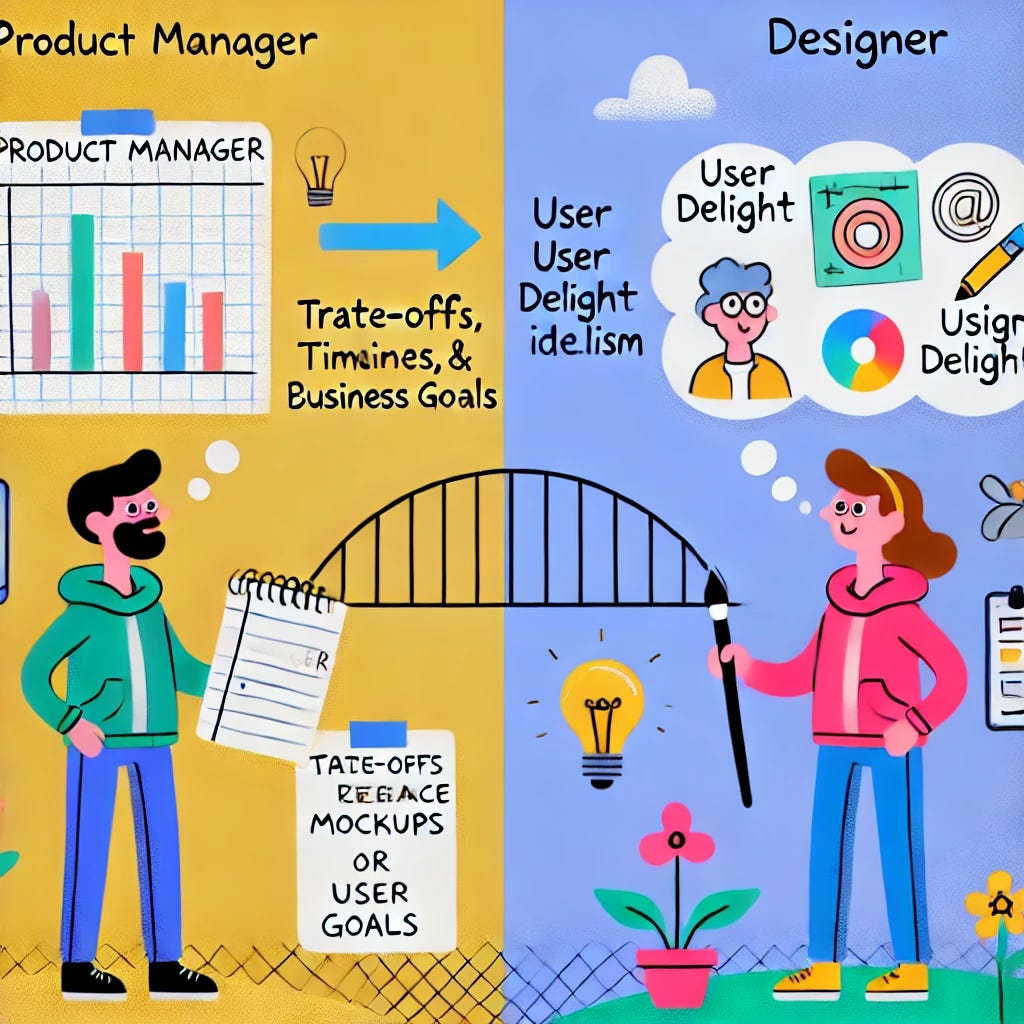 A cartoon-style illustration showing the perspectives of a product manager and a designer. On the left, the product manager (a pragmatic person with a notebook) is standing next to charts, deadlines, and a checklist representing trade-offs, timelines, and business goals. On the right, the designer (a creative person with a sketchpad) is surrounded by colorful user experience mockups, design tools, and thought bubbles representing user delight and idealism. In the middle, there is a bridge or dialogue bubble symbolizing collaboration between the two. The style is clean, playful, and professional, with a focus on contrasting priorities but a shared goal of building great products.