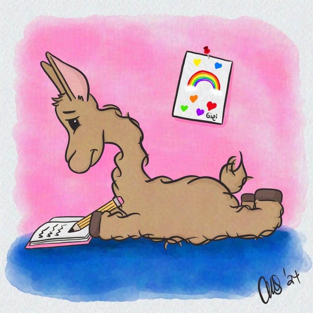 Lulu the llama is laying on the floor on her stomach with a pencil in her hand as she writes in her journal. On the wall behind Lulu is a drawing pinned up that was drawn by Gigi.