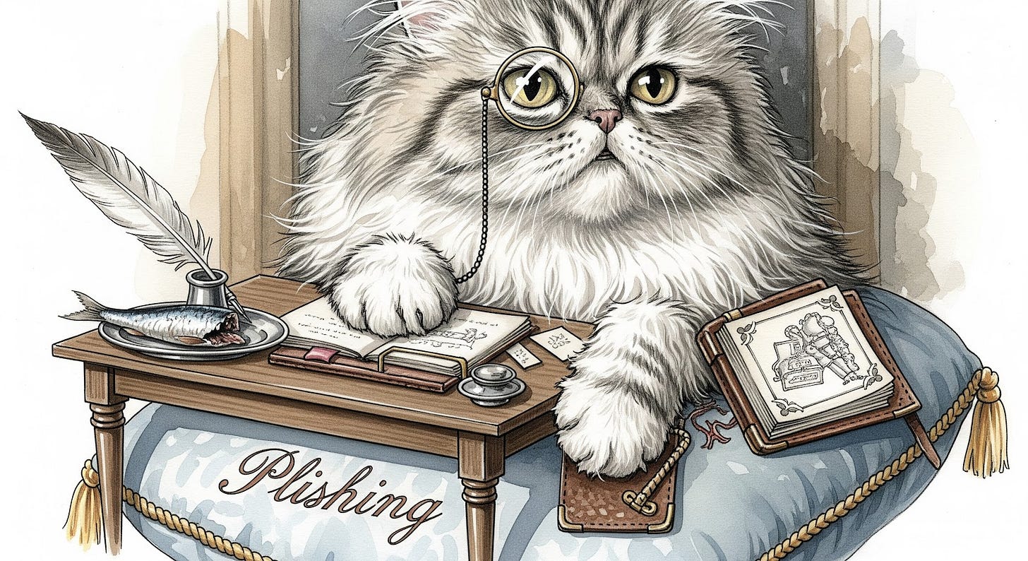 Cat at desk with a "Plishing" pillow.