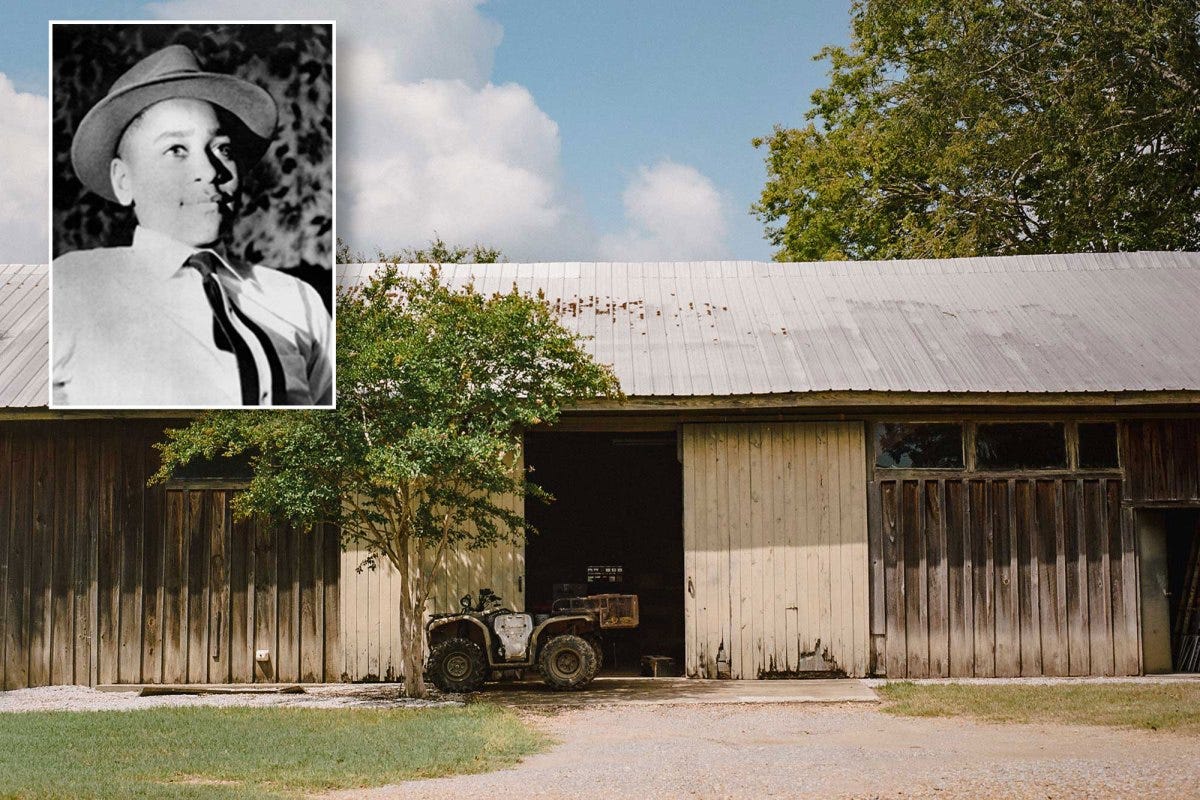 Emmett Till's photo is inset over a photo of an old barn with a door open. An old tractor is parked in front underneath the shade of a young tree