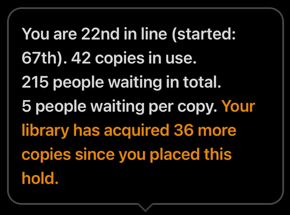 Libby screenshot of 42 copies of Careless People with a line of 215 people at library