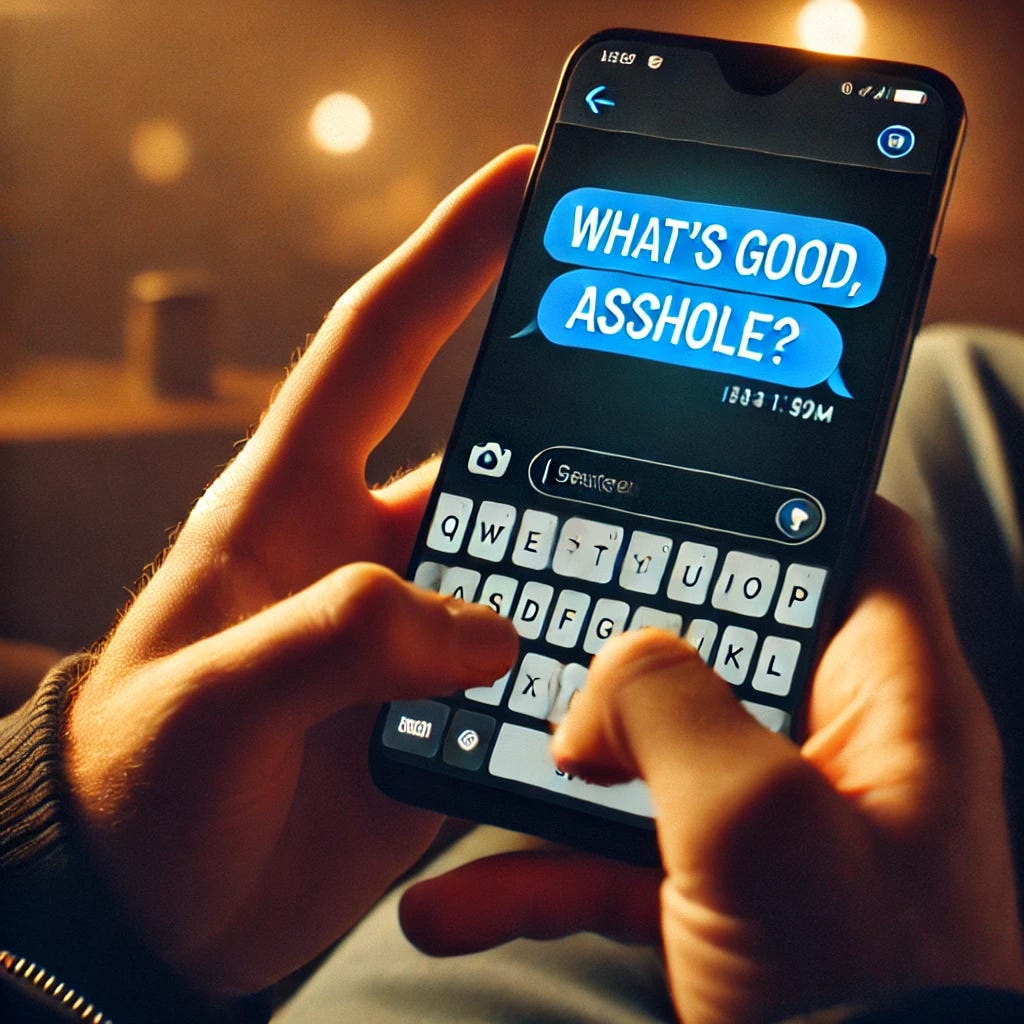 A person holding a smartphone, texting their friend. The screen displays a text message in blue that says 'What's good, asshole?'. The scene is casual, with a relaxed atmosphere, possibly in a dimly lit room or a cozy coffee shop. The person's hands are visible, and the phone screen is clearly readable. The lighting gives a warm, realistic feel.