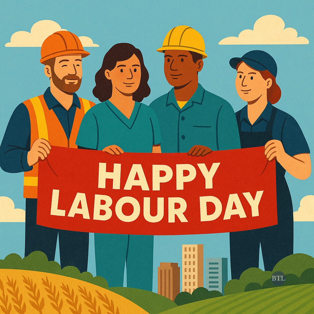 An illustration of four diverse workers—a construction worker, a nurse, a factory worker, and a farmer—standing together outdoors holding a red banner that reads “Happy Labour Day,” with fields and a city skyline in the background.
