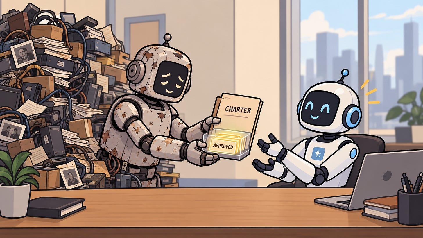 Retiring AI agent hands a charter and approved memories to its successor. Retiring AI agent hands a charter and approved memories to its successor.