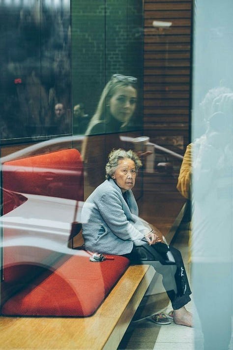 Three-panel photo collage featuring surreal, everyday scenes: a person walking past a mirrored surface, a woman seated beside a café window, and a silhouetted figure sitting on a chair in a stark room.