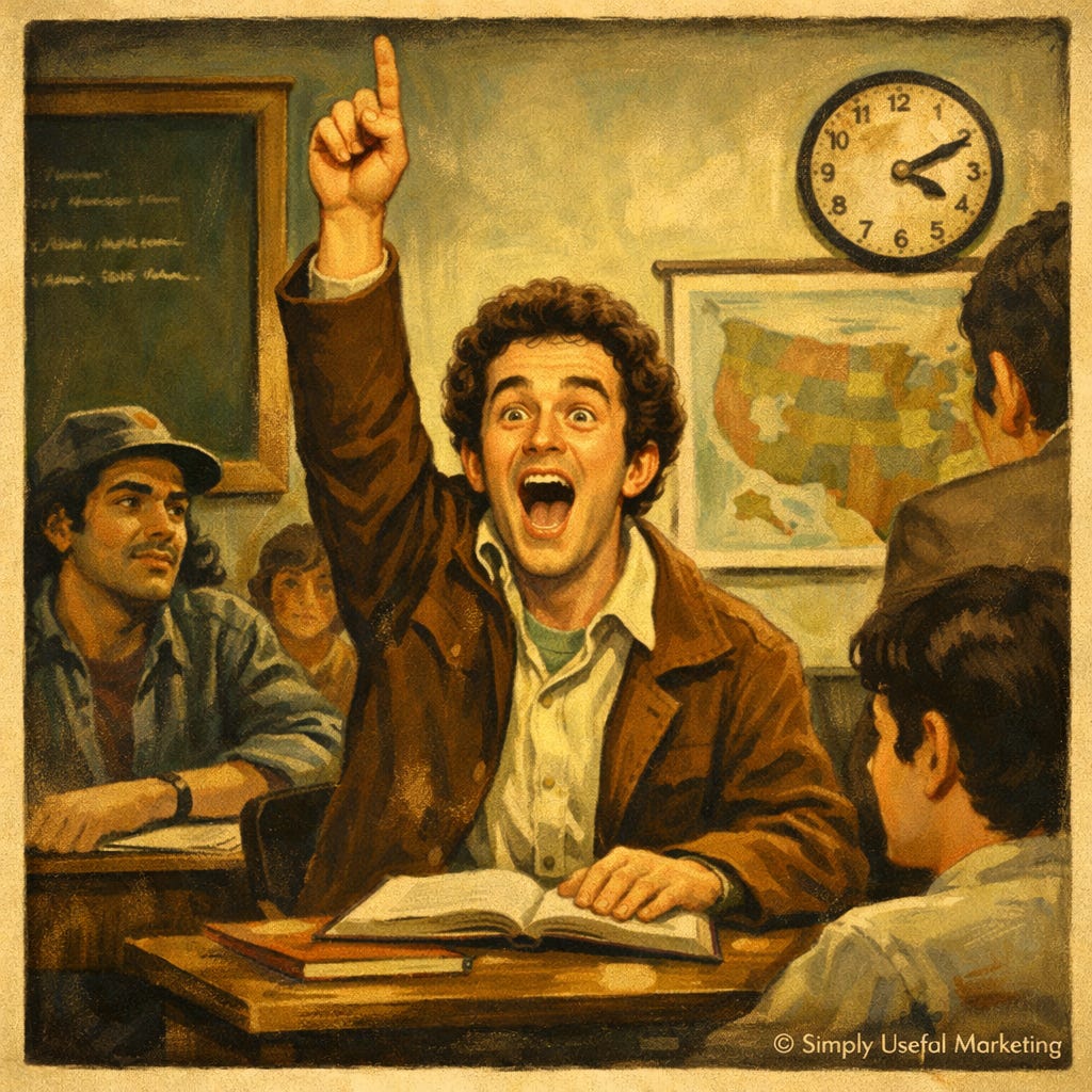 Square vintage-style illustration of a cartoonish high-school classroom scene inspired by mid-century advertising art. A stocky, dark-haired male student in a simple jacket sits at a desk with his arm raised straight up, hand fully extended, face eager and wide-eyed as if urgently asking a question. Other desks and a chalkboard are loosely suggested in the background with simplified lines and flat colors. The palette is warm and muted with cream, rust, teal, and black ink outlines. A small copyright notice reading “© Simply Useful Marketing” appears unobtrusively in the bottom right corner.