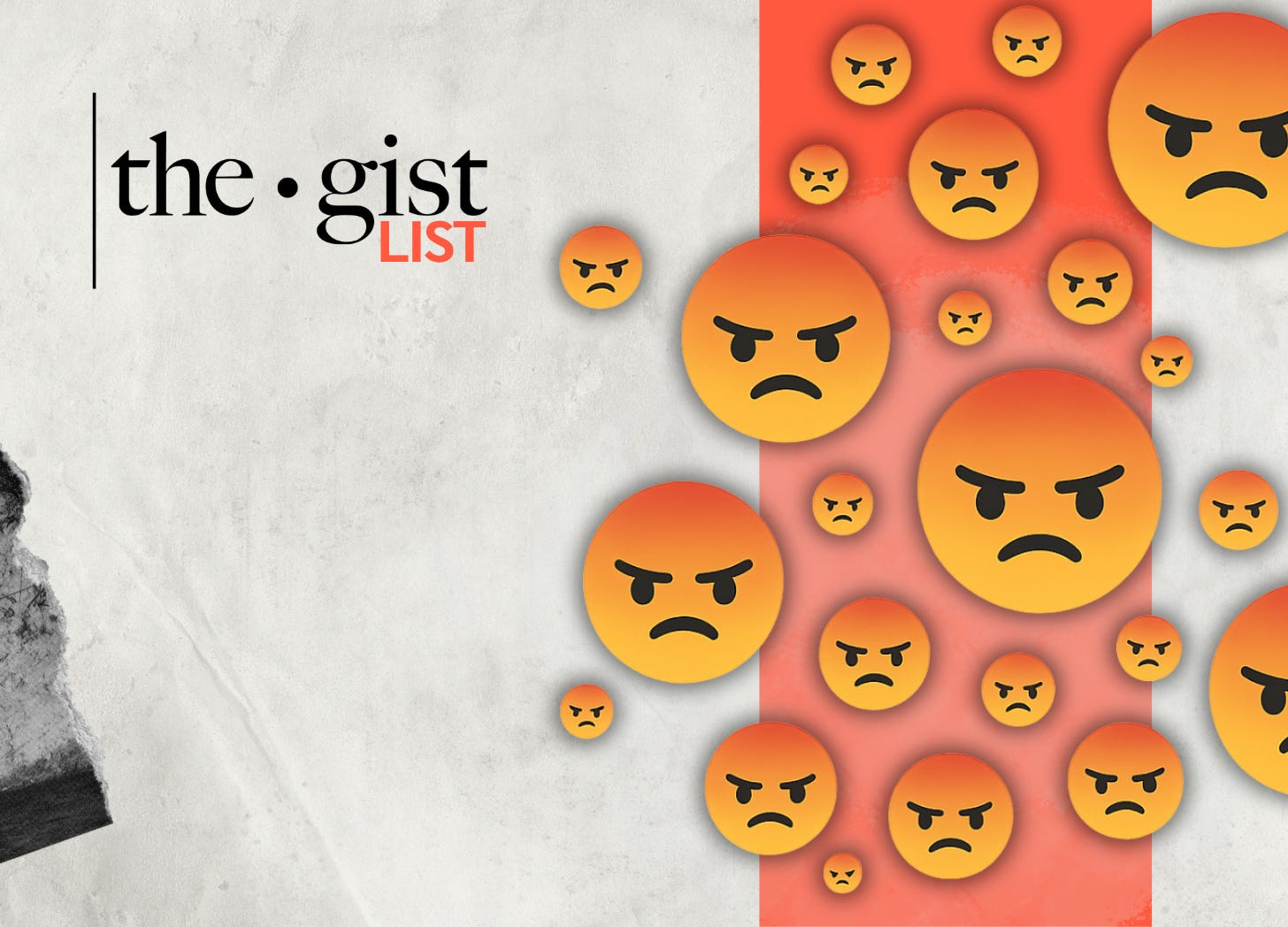 A cluster of red-orange “angry” Facebook reaction emojis of varying sizes floating against a transparent background, symbolizing social media outrage.