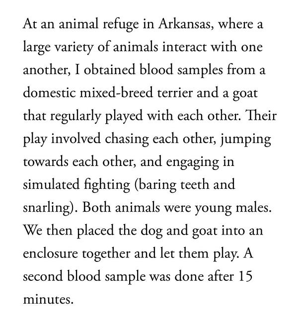 At an animal refuge in Arkansas, where a large variety of animals interact with one another, I obtained blood samples from a domestic mixed-breed terrier and a goat that regularly played with each other. Their play involved chasing each other, jumping towards each other, and engaging in simulated fighting (baring teeth and snarling). Both animals were young males. We then placed the dog and goat into an enclosure together and let them play. A second blood sample was done after 15 minutes.