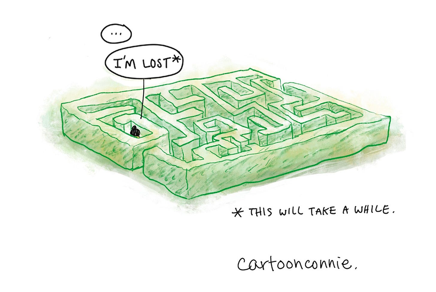 Excerpt from a single-page comic strip about neurodivergent brains and the challenges of starting and finishing projects, illustrated as navigating a hedge maze. Titled "A Neurodivergent Brain," 2026, by Connie Sun, cartoonconnie.