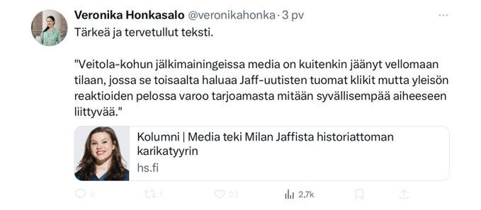 Mutta he rakastavat, edistävät ja puhuvat puolesta nimenomaan aiheettomasti maahan änkeytyneiden, lapsia raiskaavien, rikollisten ja karkottamispäätöksen saaneiden muslimien asialla - kuinka “heistä kuuluisi kirjoittaa syvällisemmin” mediassa. Kun samalla minusta ei pidä nähtävästi kirjoittaa lainkaan ja sensuroida maanrakoon. Mutta he rakastavat, edistävät ja puhuvat puolesta nimenomaan aiheettomasti maahan änkeytyneiden, lapsia raiskaavien, rikollisten ja karkottamispäätöksen saaneiden muslimien asialla - kuinka “heistä kuuluisi kirjoittaa syvällisemmin” mediassa. Kun samalla minusta ei pidä nähtävästi kirjoittaa lainkaan ja sensuroida maanrakoon.