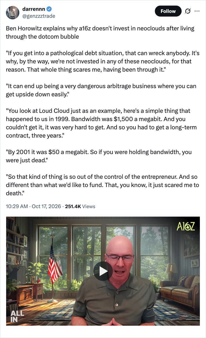 Ben Horowitz on neocloud debt via @genzzztrade Ben Horowitz on neocloud debt via @genzzztrade