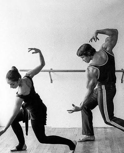 Arnold Schwarzenegger taking ballet classes to improve the grace and  elegance of his body building poses, form and mobility with Marianne  Claire, 1976. #balletworldconnected