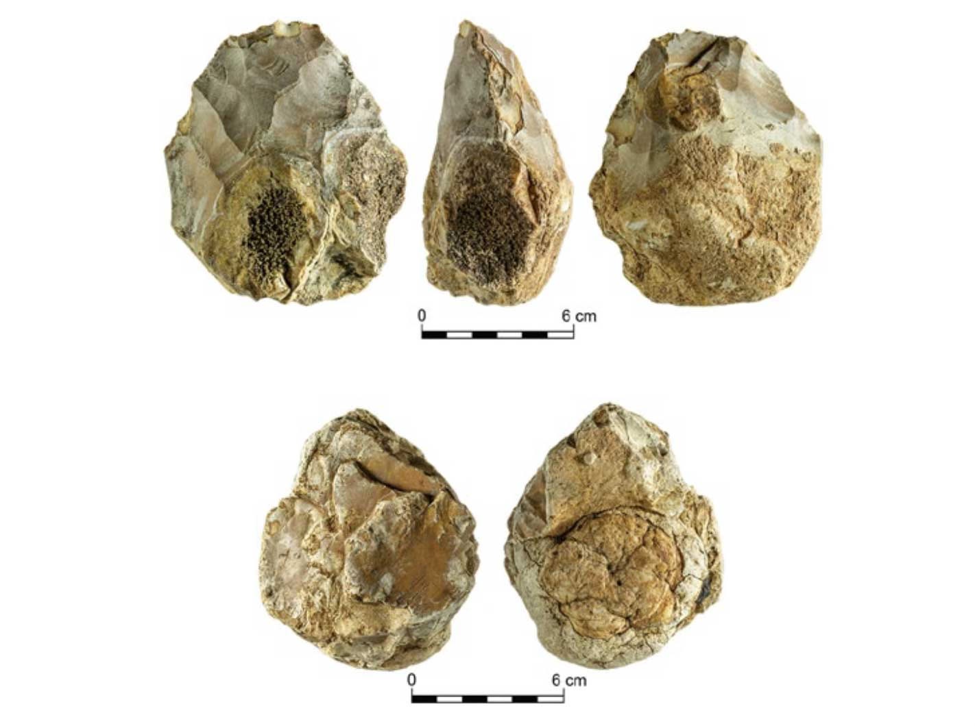 Two handaxes, shown in multiple views, each with a geode incorporated