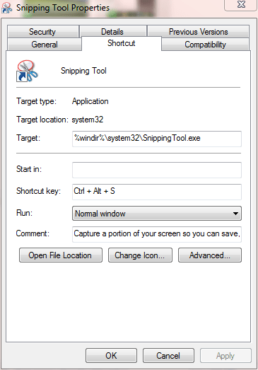 snipping tool program shortcut properties snipping tool program shortcut key properties