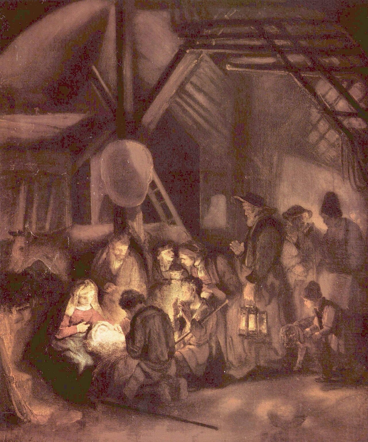Lantern lit shepherds adoring infant
