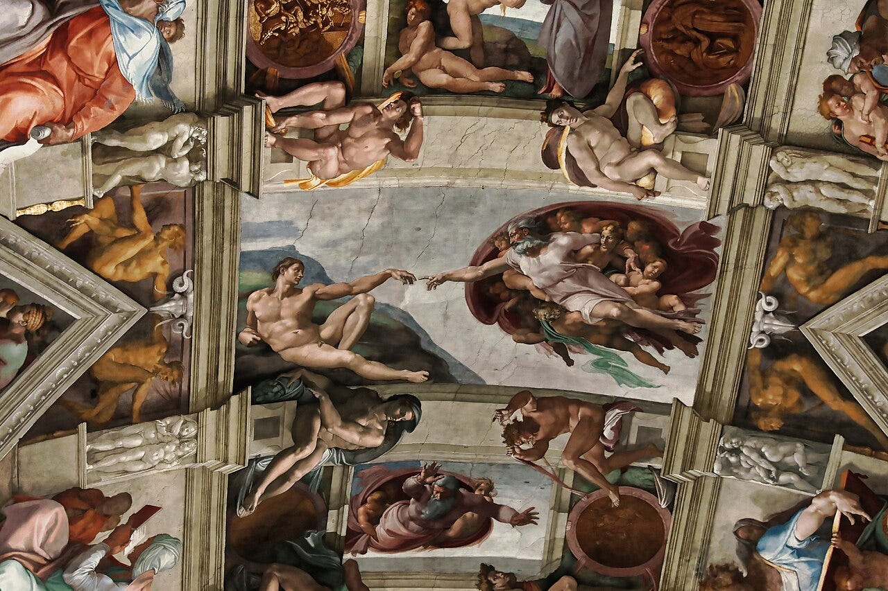 Michelangelo, The Creation of Adam (c. 1512), Sistine Chapel ceiling. Michelangelo, The Creation of Adam (c. 1512), Sistine Chapel ceiling.