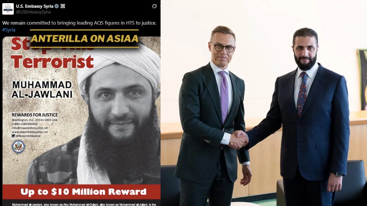 Alexander Stubb kätteli, toivotti tervetulleeksi ja kaveerasi tunnetun niin al-Qaidan kuin ISIS:n johtajan, terroristi Muhammed al-Jawlanin kanssa. New York. Alexander Stubb kätteli, toivotti tervetulleeksi ja kaveerasi tunnetun niin al-Qaidan kuin ISIS:n johtajan, terroristi Muhammed al-Jawlanin kanssa. New York.