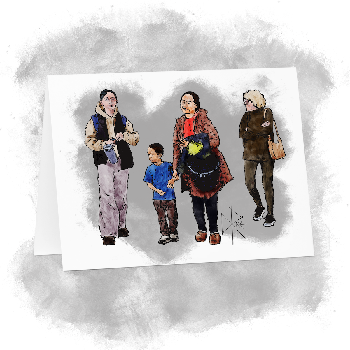Three adults and a child, all attending to their unique weekend errands and projects and adventures. Sketch art by Don Rice.