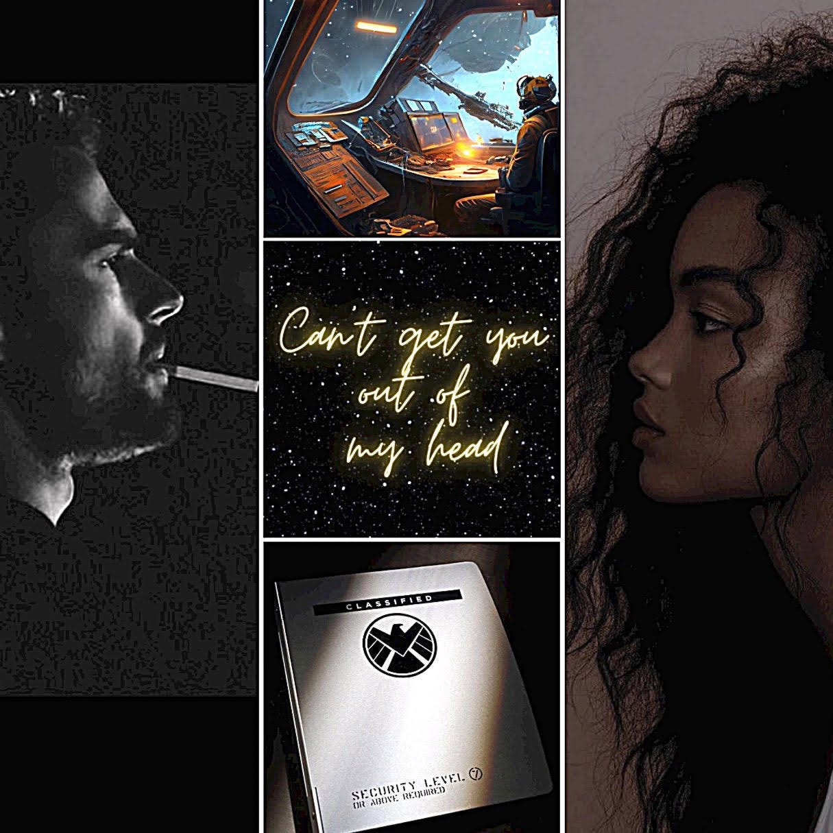 Collage with five images: a man and a woman look longingly toward one another on opposite sides. A confidential government document. A view of space outside of a spaceship windshield. In the center the words "Can't get you out of my head."