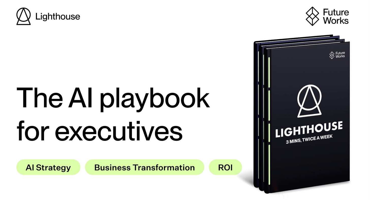 A high-contrast advertisement for the Lighthouse newsletter showing the title 'The AI playbook for executives' next to a stack of three sleek black playbooks. The cover reads: 'Lighthouse, 3 Mins, Twice a Week.' - Alt-text drafted with Gemini assistance