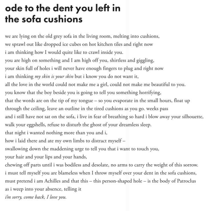 PROMO] ode to the dent you left in the sofa cushions ...
