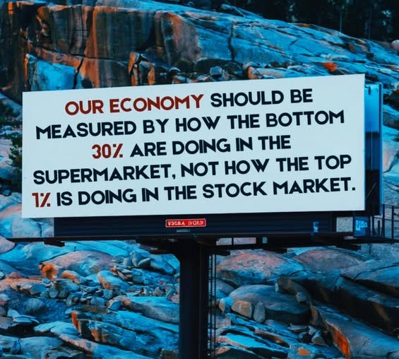 May be an image of text that says 'OUR ECONOMY SHOULD BE MEASURED BY HOW THE BOTTOM 30% ARE DOING IN THE SUPERMARKET, NOT O THE TOP 1% IS DOING IN THE STOCK MARKET. VSCAAIO'