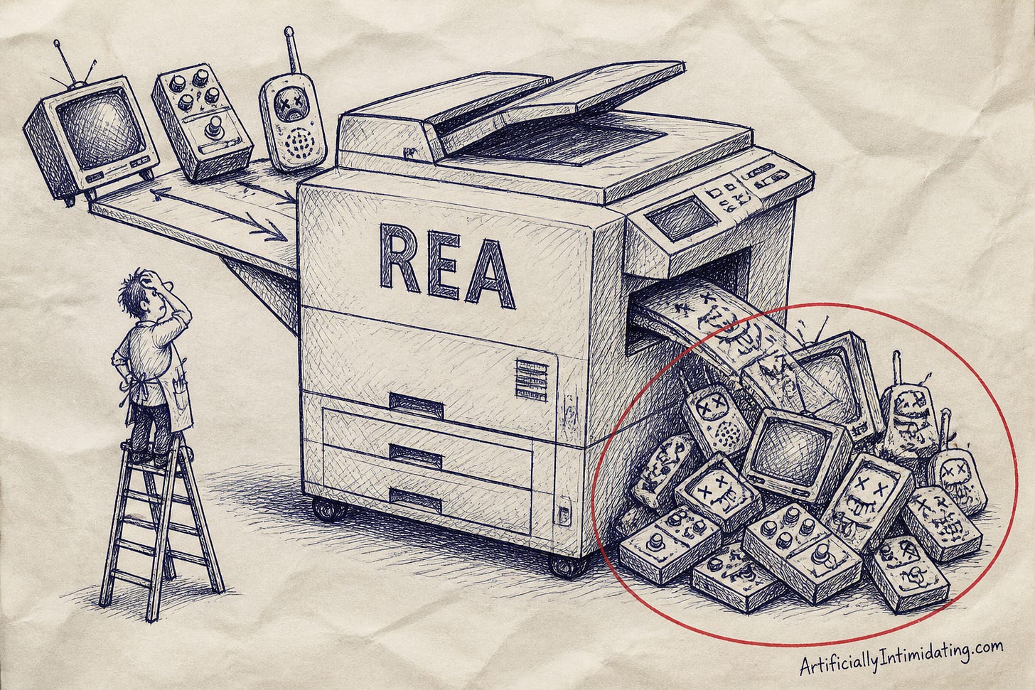 A clunky photocopier stamped REA feeds a TV, a guitar pedal and a baby monitor in one side while a heap of lopsided, cross-eyed copies tumbles out the other.