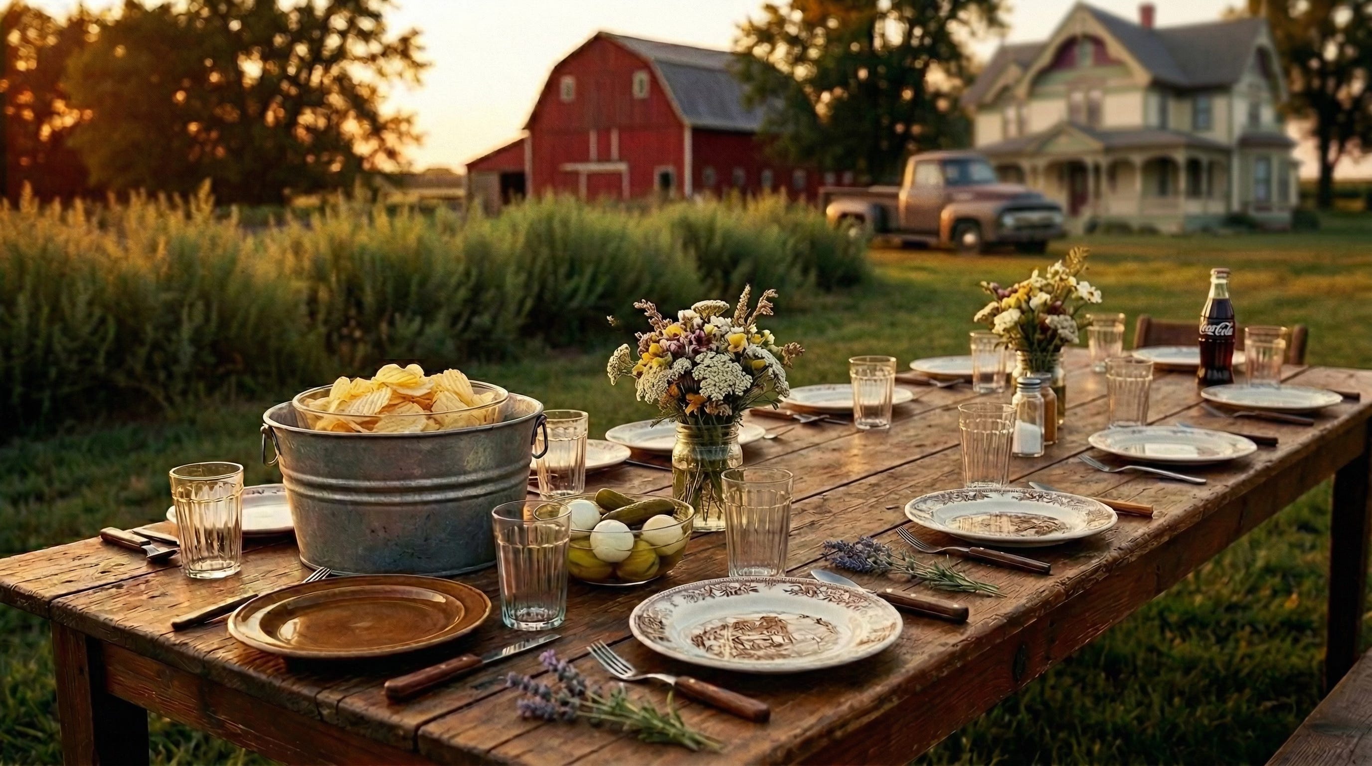 An outdoor farm table at golden hour with a Victorian house and red barn in Indiana — the opening image of The Ritual series at The Dinner Bell