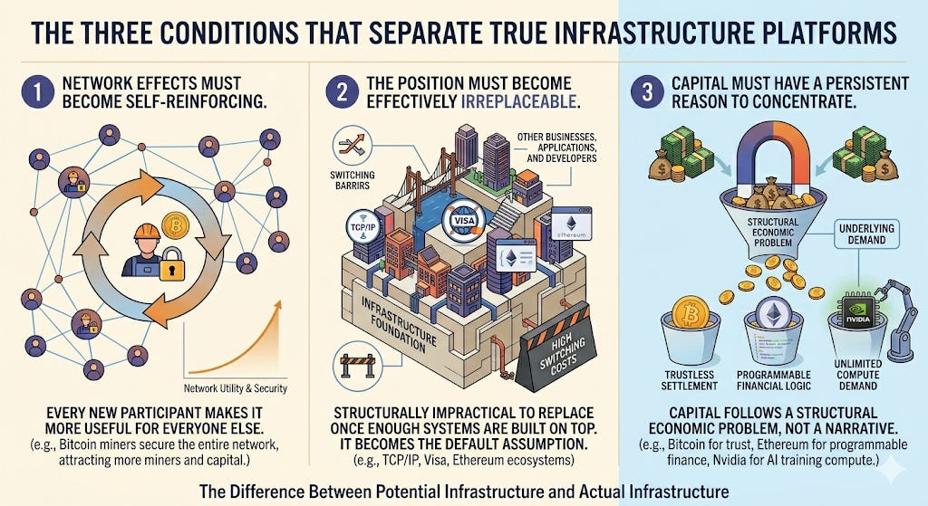Three conditions separate what looks like infrastructure from what actually becomes it.